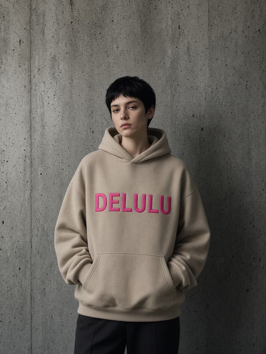 Modell i sandfärgad DELULU-hoodie mot betong.
