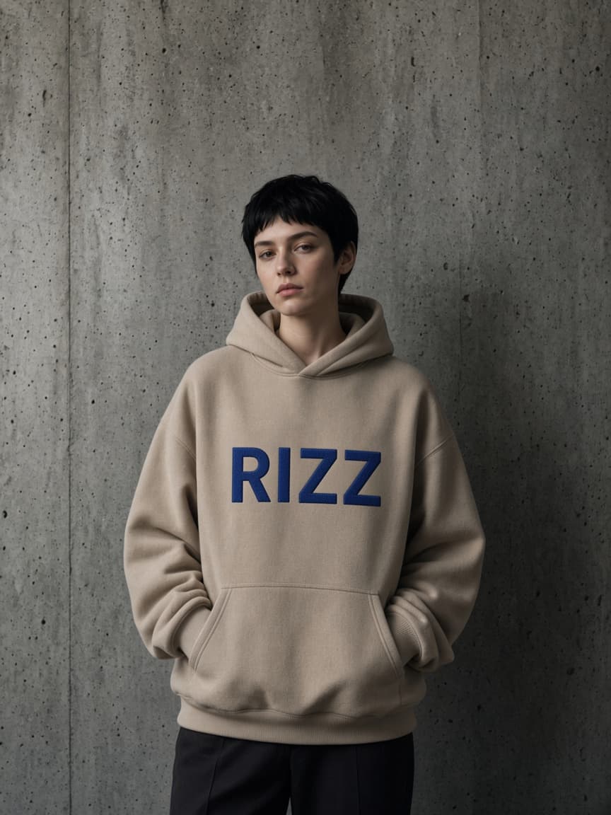 Sandfärgad oversize-hoodie med blå brodyr RIZZ på bröstet, framifrån mot rå betong.